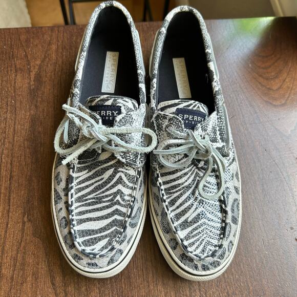 Sperry Shoes Women SZ 8 Sequin Top Sider Zebra Animal Black White Leather Lace - Picture 4 of 10